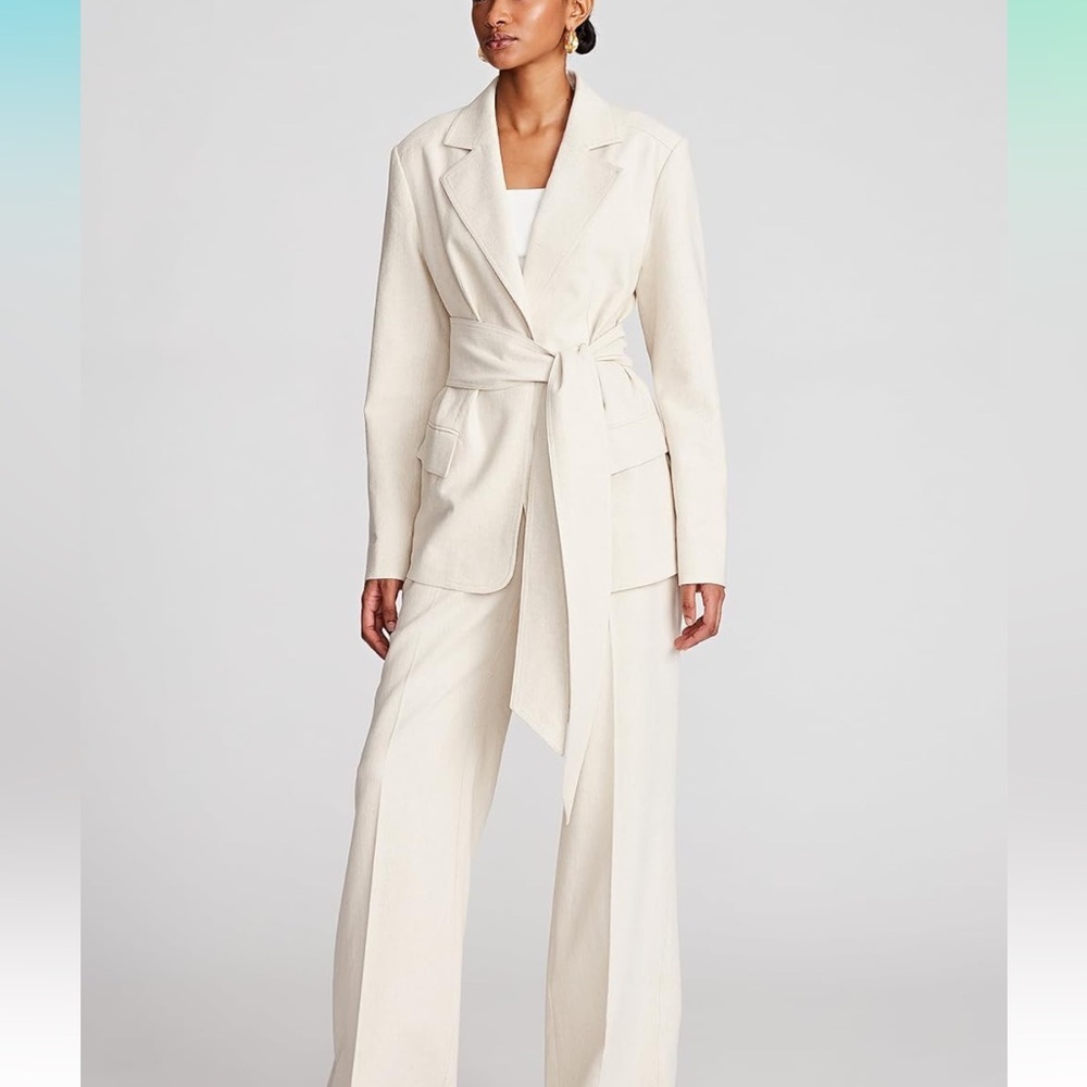 Creamy Winter White Belted & Tailored Professional Blazer Stretch Jacket Size 8 - Picture 15 of 16